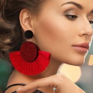 New. Statement Bohemian Tassel Red Silk Earrings
